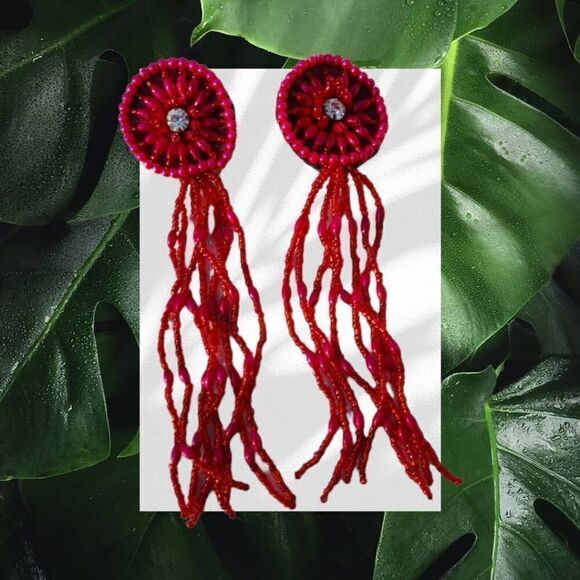 Vintage Red Runway Crystal Applique Beaded Fringe Clip-On Earrings | 5.20" - Picture 3 of 4